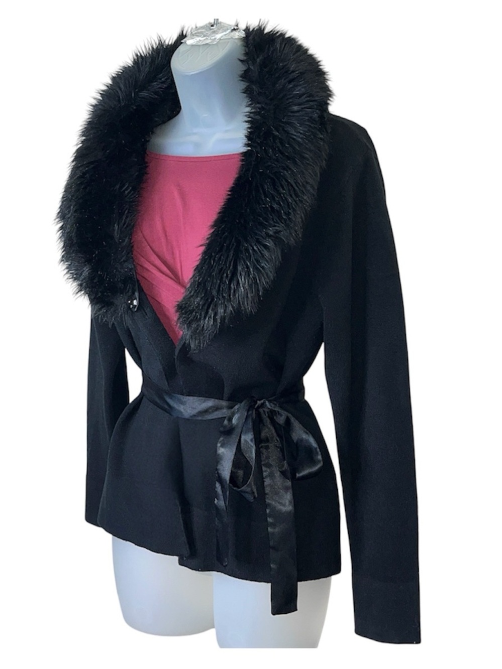 Y2K Style & Co Faux Fur Trim Satin Tie Waist Open Front Jacket Mobwife Winter MP - Picture 9 of 15